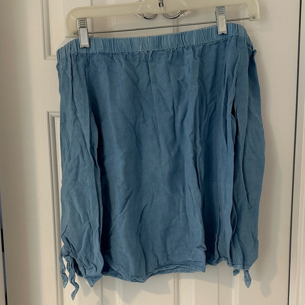 Light Blue Off-Shoulder Cotton Blend Shirt
